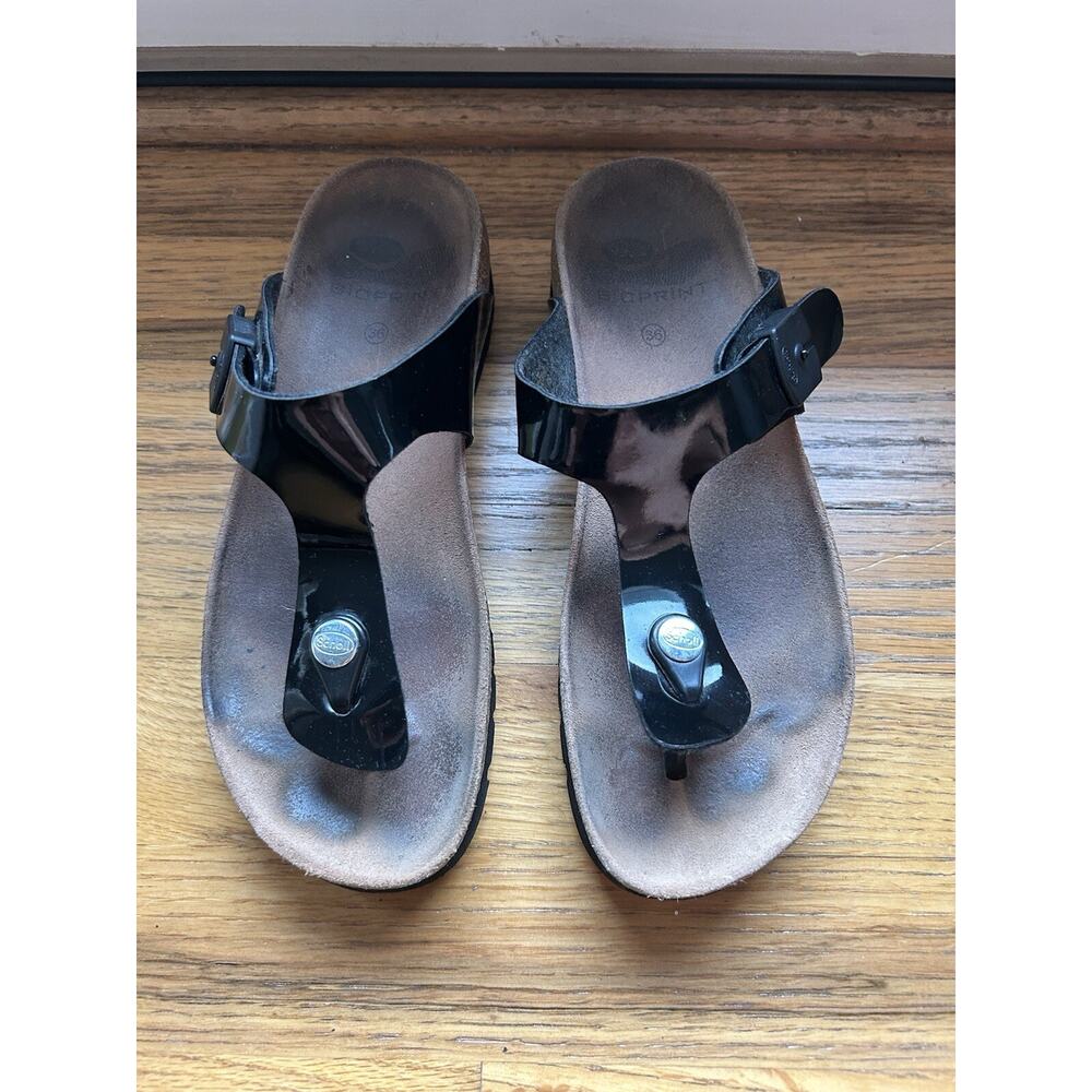 Scholl Black patent Thong Toepost Sandal BIOPRINT EUR 36 Size 5.5
